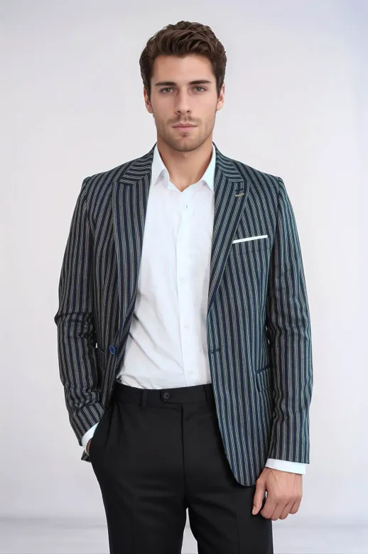Çizgili Koyu Slim Fit Lacivert Erkek Ceket - Wessi