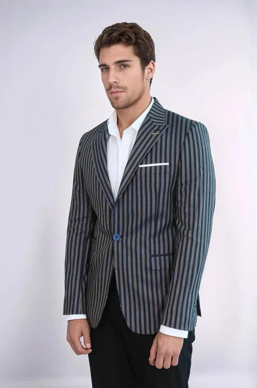 Çizgili Koyu Slim Fit Lacivert Erkek Ceket - Wessi