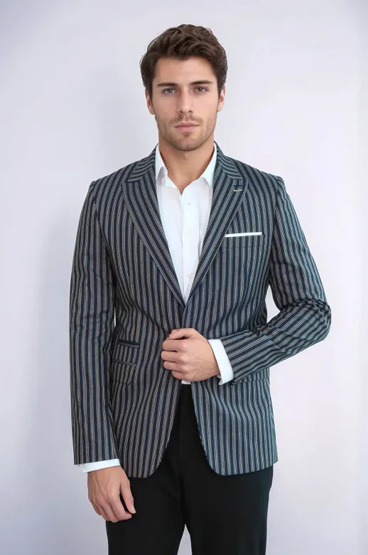 Çizgili Koyu Slim Fit Lacivert Erkek Ceket - Wessi