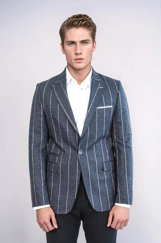 Çizgili Slim Fit Füme Erkek Ceket - Wessi