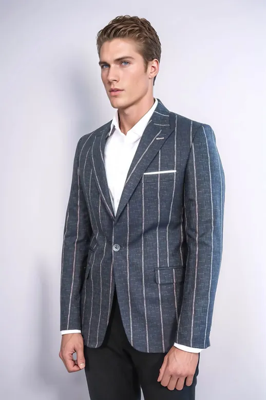 Çizgili Slim Fit Füme Erkek Ceket - Wessi