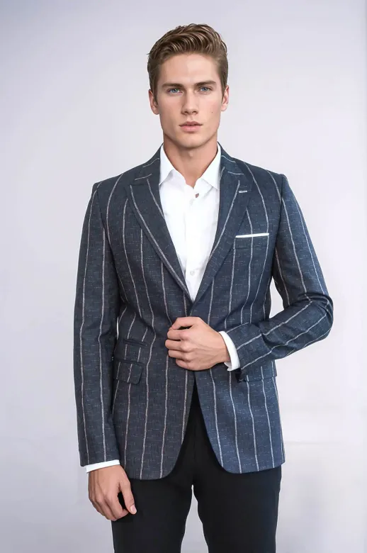 Çizgili Slim Fit Füme Erkek Ceket - Wessi