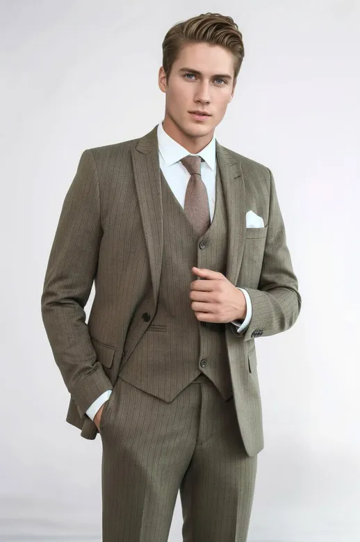 Çizgili Slim Fit Kahverengi Erkek Takım Elbise - Wessi
