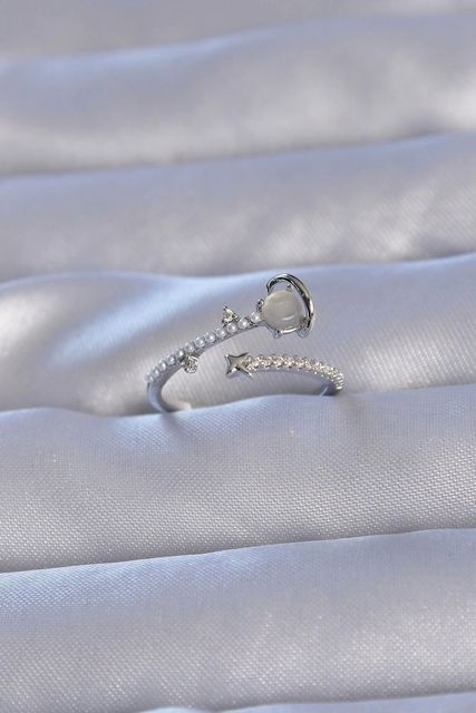Clariss BYK3222-BLNC Pirinç Gümüş Renk Zirkon Taşlı İncili Satürn Model Ayarlanabilir Yüzük Çok Renkli