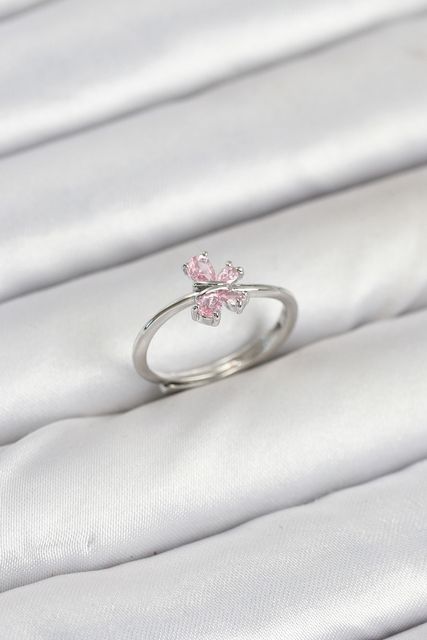 Clariss BYK3871-BLNC Pirinç Gümüş Renk Pembe Kelebek Kadın Yüzük Çok Renkli