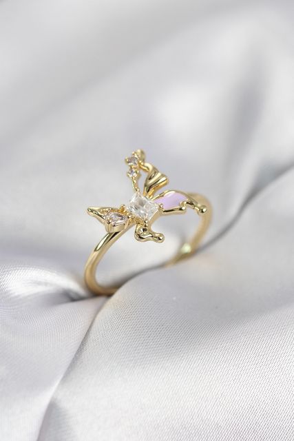 Clariss BYK4139-BLNC Gold Renk Kelebek Model Zirkon Taşlı Kadın Yüzük Çok Renkli