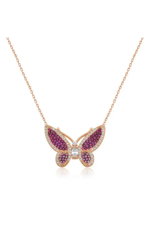 cleovibe PT11001432 Gümüş Rose Pembe Kelebek Kolye