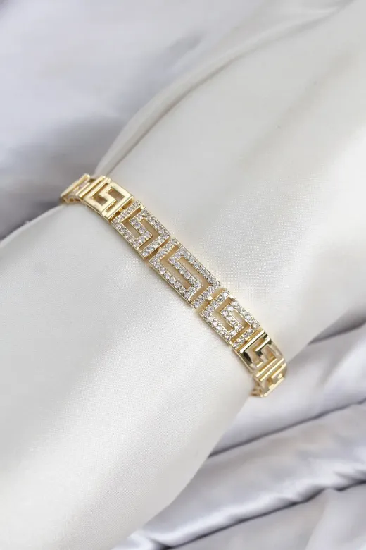 CM Labirent Model Zirkon Taşlı VIP Seri Gold Renk Pirinç Kadın Bileklik TJ-BB8613