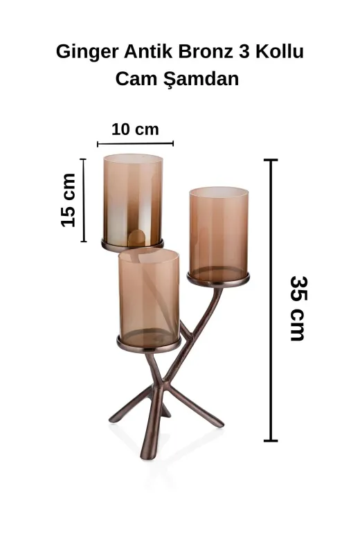 Cornella CR-1690 Ginger Antik Bronz 3 Kollu Cam Şamdan