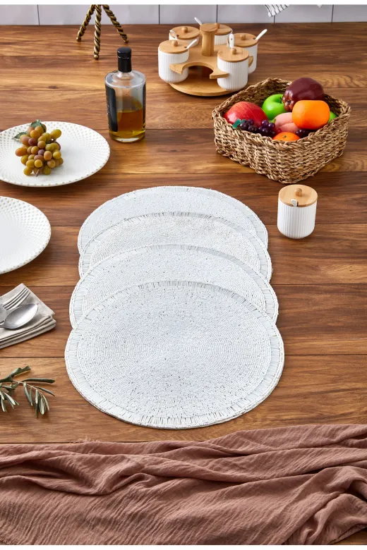 Cornella SET-1715-4 Lena Kenarları Boru Boncuk İşlemeli Yuvarlak Amerikan Servis