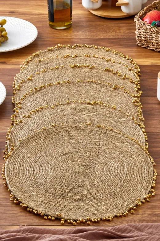 Cornella SET-1717-6 Seagrass Hasır Yuvarlak Amerikan Servis Supla Gold 6'lı Set