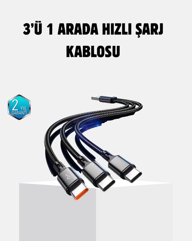 Ctstones 120386805 Mey İthalat 3 Başlıklı Hızlı Şarj Kablosu Metal Alaşımlı Dayanıklı Ve Akıllı Çipli