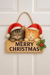Da 131575631 Uyuyan Kedili Yılbaşı Ahşap Kapı Süsü Noel Kapı Süsü, Yılbaşı Süsü Yılbaşı Temalı Hediyeler 30-18 Cm