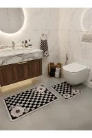 Damalı Çiçek Desenli Lateks Taban 2'li Banyo Paspası (60x100-60x50)