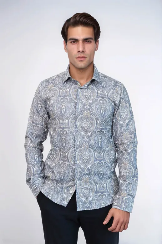 Damask Desenli Mavi Slim Fit Gömlek - Wessi - M / Mavi