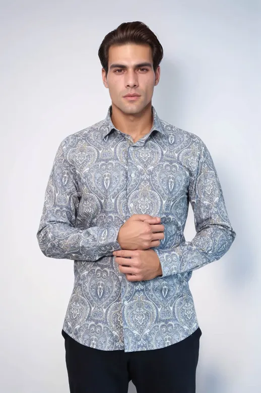 Damask Desenli Mavi Slim Fit Gömlek - Wessi - M / Mavi