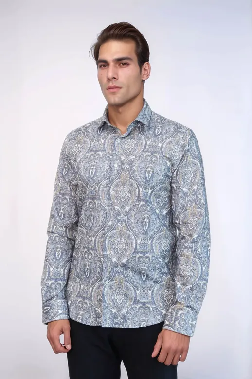 Damask Desenli Mavi Slim Fit Gömlek - Wessi - M / Mavi