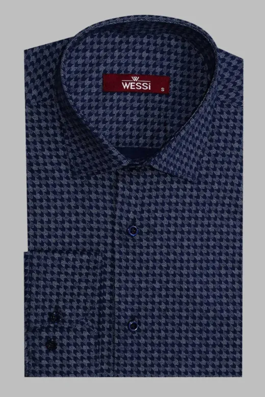 Damask Desenli Slim Fit Uzun Kollu Mavi Erkek Gömlek - Wessi - S / Lacivert