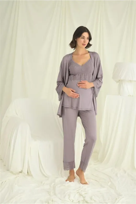 Dantelli Hamile Lohusa 3’lü Pijama Takımı