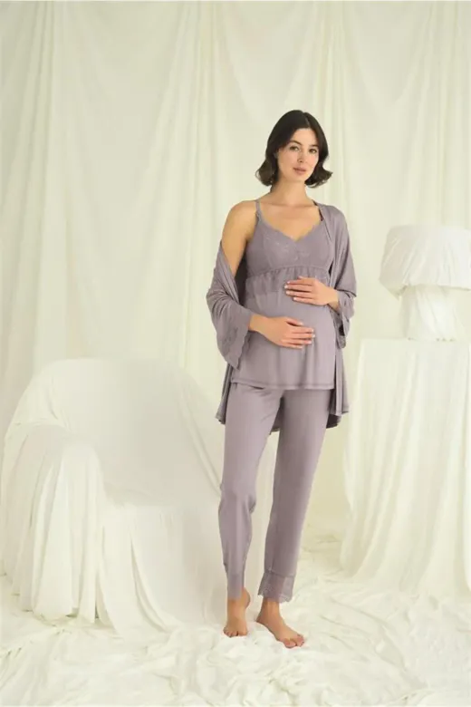 Dantelli Hamile Lohusa 3’lü Pijama Takımı
