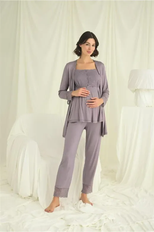 Dantelli Önü Düğmeli Hamile Lohusa 3’lü Pijama Takımı