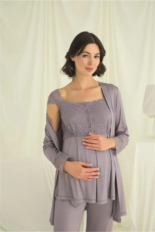 Dantelli Önü Düğmeli Hamile Lohusa 3’lü Pijama Takımı