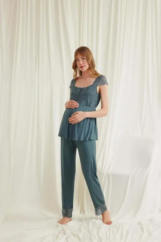 Dantelli Önü Düğmeli Hamile Lohusa 3’lü Viskon Pijama Takımı