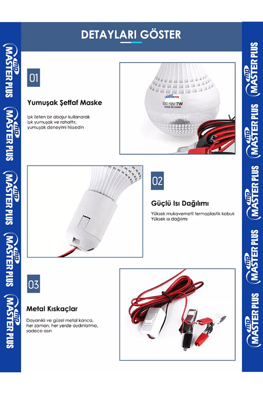 DC7W Masterpluse-27 Duylu 7Watt 12 Volt Beyaz Işık Led Ampul Akü Ile Çalışan Ampül Kamp Ampülü