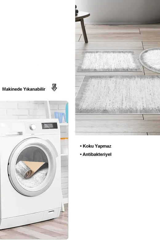 Dekoreko 1342D3-10P3Y Kaymaz Taban Djt 3 Lü Banyo Paspas Takımı Yıldız Deri Karışık Yuvarlak Modern 1342 Gri