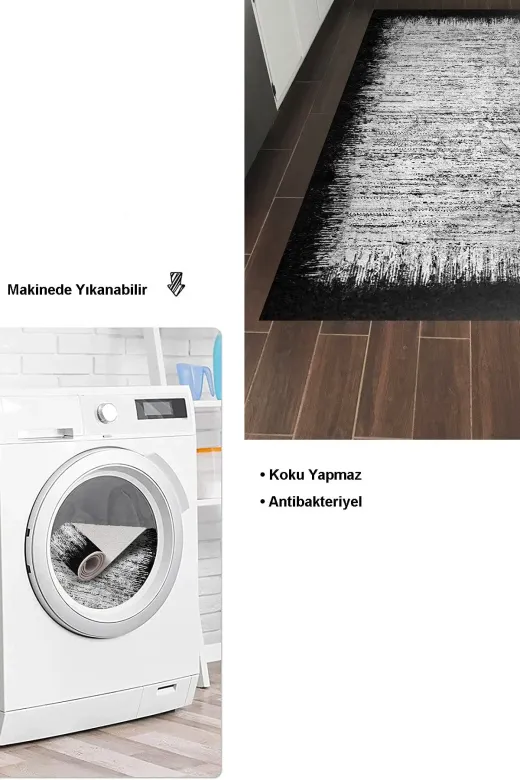 Dekoreko 1342K2-8 Kaymaz Taban Djt Mutfak Halısı Trend Modern 1342 Siyah