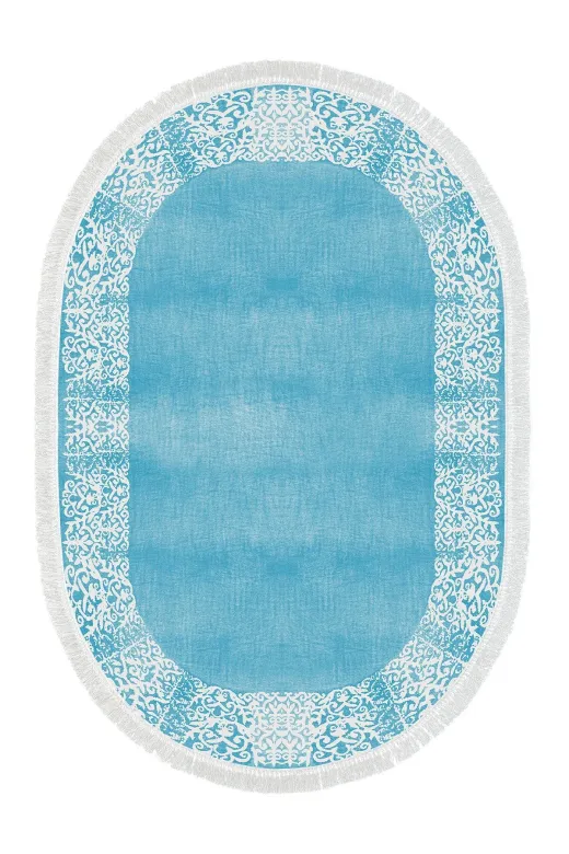 Dekoreko 1460K1-3 Kaymaz Taban Djt Banyo Halısı Trend Saçaklı Oval Modern 1460 Mavi