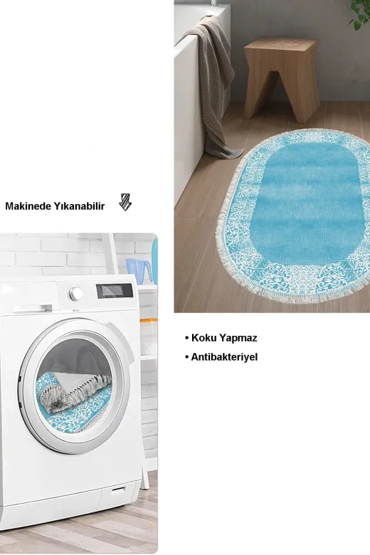 Dekoreko 1460K1-3 Kaymaz Taban Djt Banyo Halısı Trend Saçaklı Oval Modern 1460 Mavi