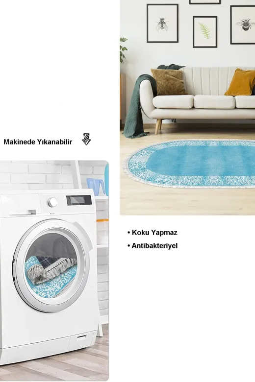 Dekoreko 1460P1-1 Kaymaz Taban Djt Salon Halısı Star Pamuk Saçaklı Oval Modern 1460 Mavi