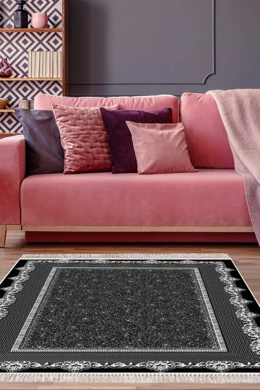 Dekoreko 1692K1-7 Kaymaz Taban Djt Salon Halısı Trend Saçaklı Modern 1692 Siyah