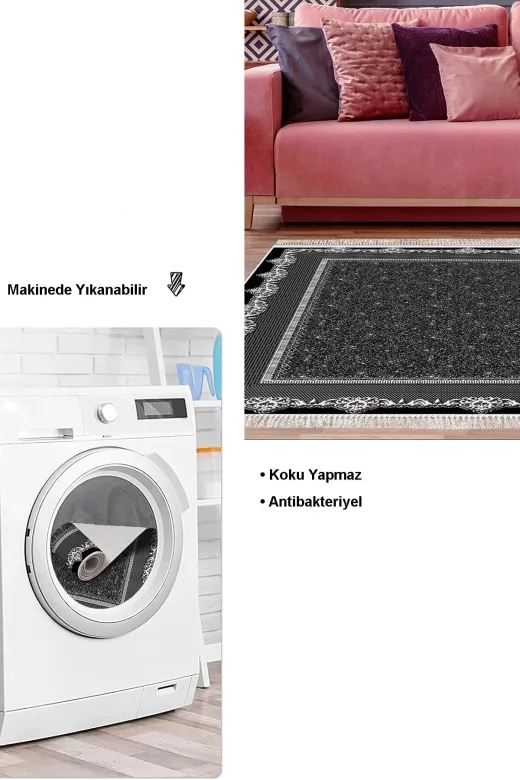 Dekoreko 1692K1-7 Kaymaz Taban Djt Salon Halısı Trend Saçaklı Modern 1692 Siyah