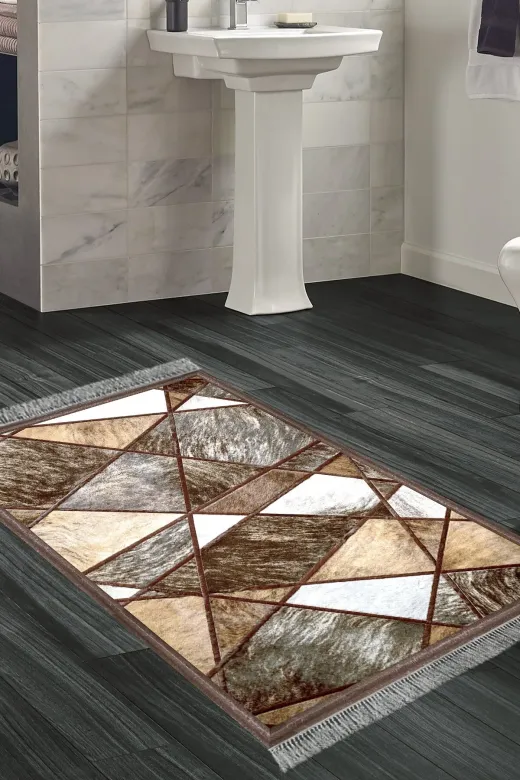 Dekoreko 1716K1-9 Kaymaz Taban Djt Banyo Halısı Trend Saçaklı Modern 1716 Gri Kahve