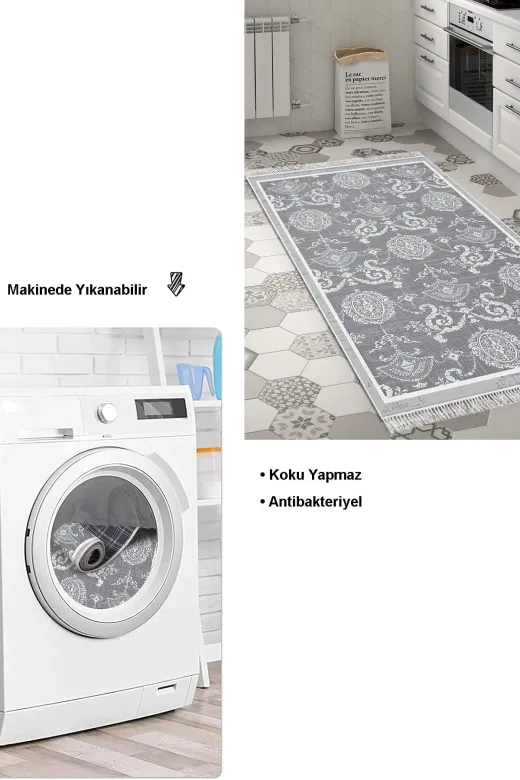 Dekoreko 1861MP1-8 Kaymaz Taban Djt Mutfak Halısı Star Pamuk Saçaklı Modern 1861M Gri
