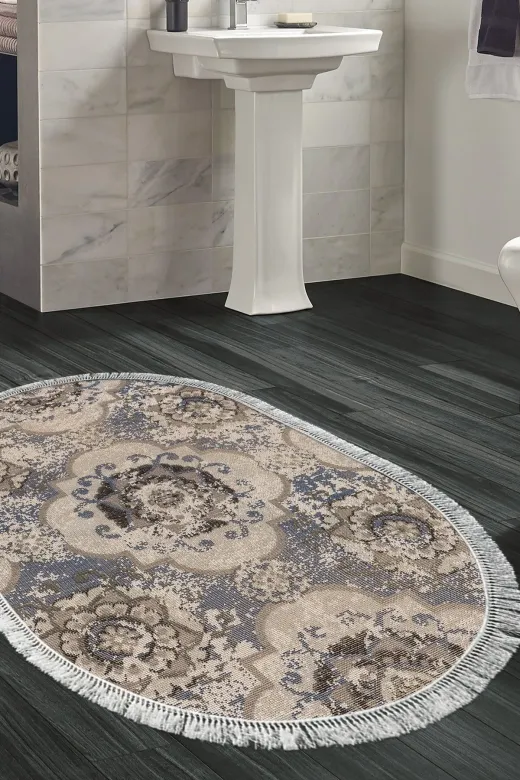 Dekoreko 1903MK1-3 Kaymaz Taban Djt Banyo Halısı Trend Saçaklı Oval Modern 1903M Krem