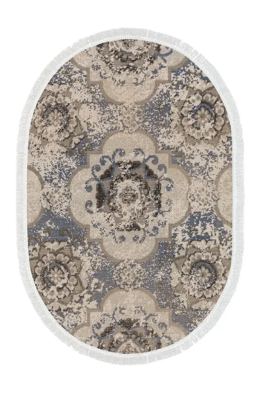 Dekoreko 1903MK1-3 Kaymaz Taban Djt Banyo Halısı Trend Saçaklı Oval Modern 1903M Krem