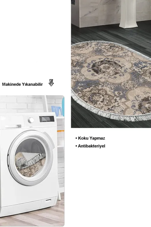Dekoreko 1903MK1-3 Kaymaz Taban Djt Banyo Halısı Trend Saçaklı Oval Modern 1903M Krem