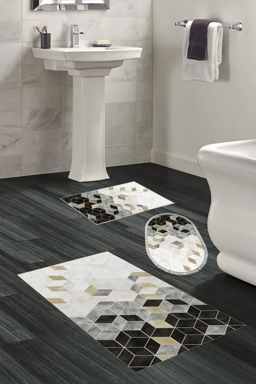Dekoreko 2146MP3-10P3O Kaymaz Taban Dijital 3'lü Banyo Paspas Takımı Star Pamuk Karışık Oval Iskandinav 2146M Krem