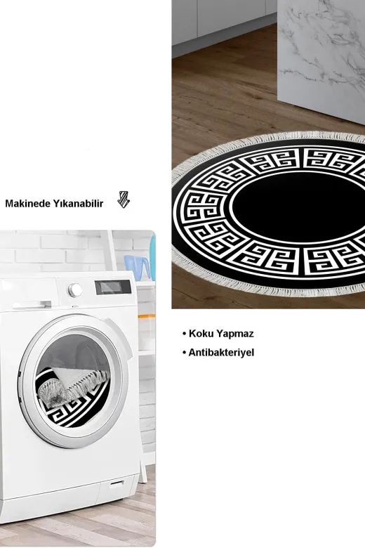 Dekoreko 608MK1-5 Kaymaz Taban Djt Mutfak Halısı Trend Saçaklı Yuvarlak Modern 608M Siyah