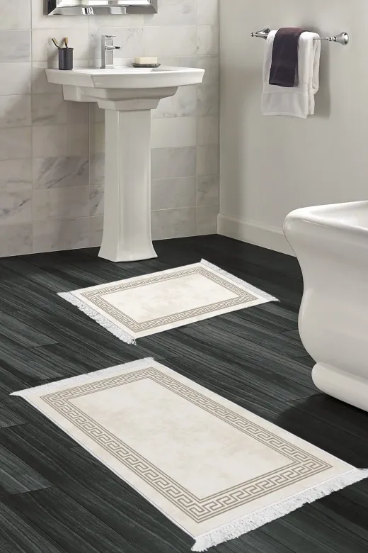 Dekoreko 626MK1-10P2 Kaymaz Taban Djt 2 Li Banyo Paspas Takımı Trend Saçaklı Modern 626M Krem