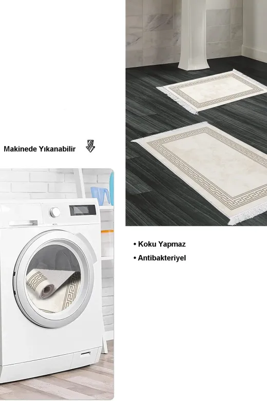 Dekoreko 626MK1-10P2 Kaymaz Taban Djt 2 Li Banyo Paspas Takımı Trend Saçaklı Modern 626M Krem