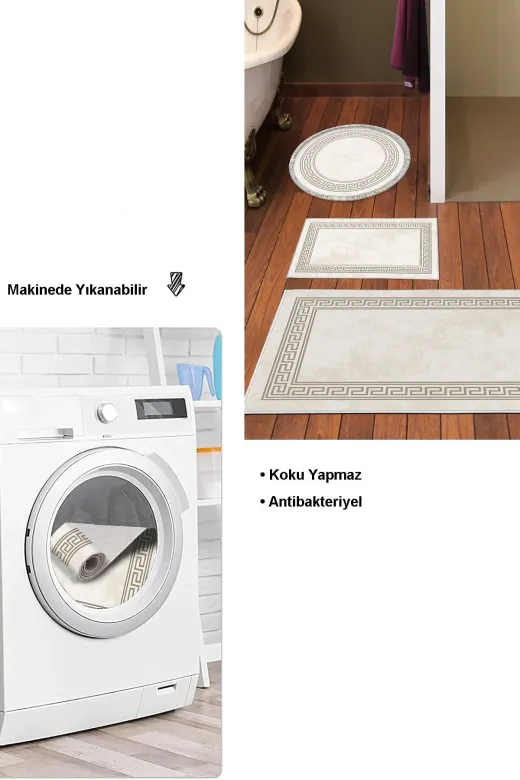 Dekoreko 626MK3-10P3Y Kaymaz Taban Djt 3 Lü Banyo Paspas Takımı Trend Karışık Yuvarlak Modern 626M Krem