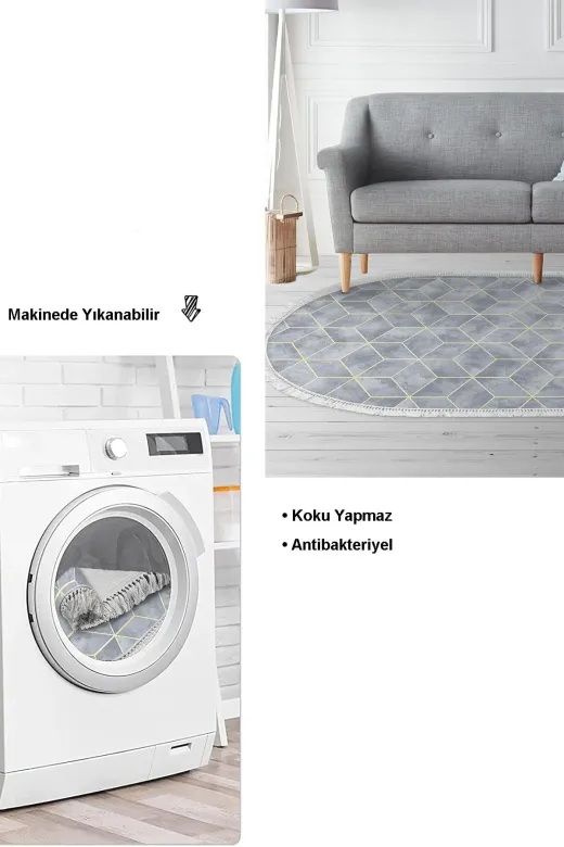 Dekoreko 627MK1-1 Kaymaz Taban Djt Salon Halısı Trend Saçaklı Oval Modern 627M Mavi