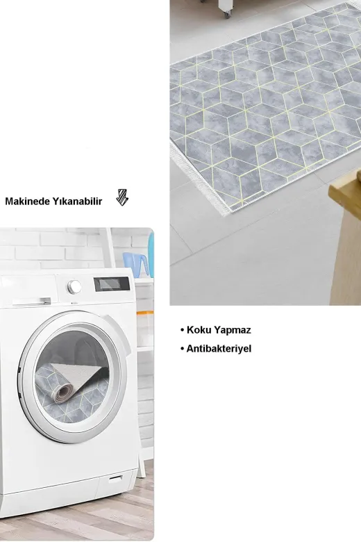 Dekoreko 627MK1-8 Kaymaz Taban Djt Mutfak Halısı Trend Saçaklı Modern 627M Mavi
