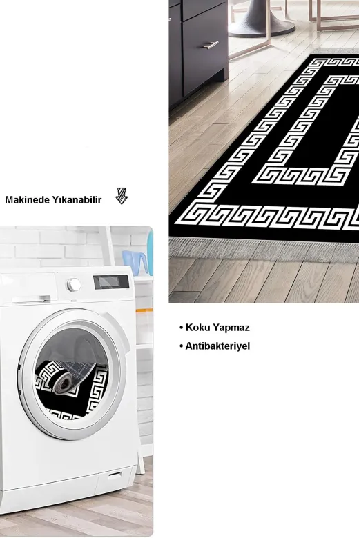 Dekoreko 650MP1-8 Kaymaz Taban Djt Mutfak Halısı Star Pamuk Saçaklı Modern 650M Siyah