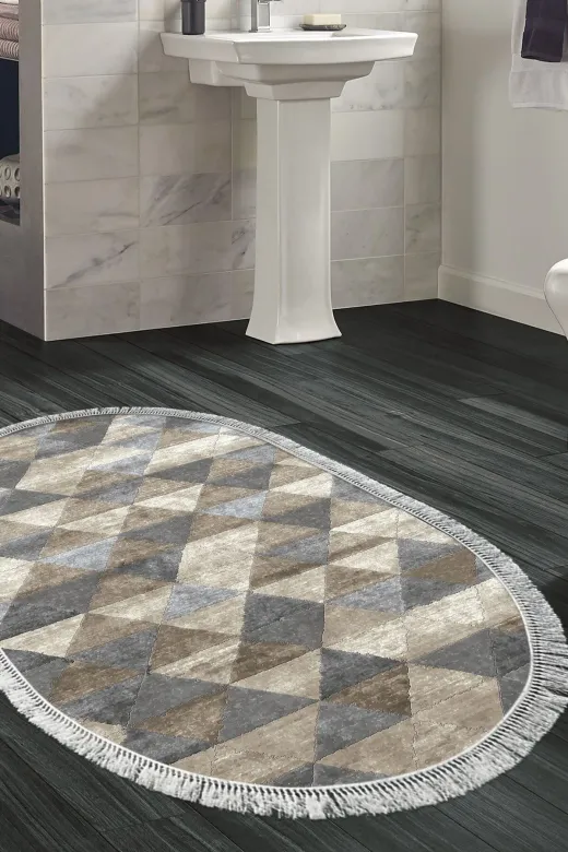 Dekoreko 661MP1-3 Kaymaz Taban Djt Banyo Halısı Star Pamuk Saçaklı Oval Iskandinav 661M Bej