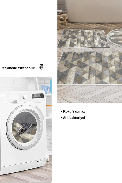 Dekoreko 661MP3-10P3Y Kaymaz Taban Djt 3 Lü Banyo Paspas Takımı Star Pamuk Karışık Yuvarlak Iskandinav 661M Bej